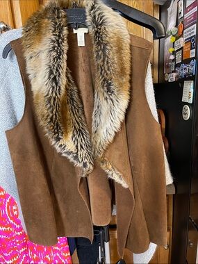 Chico’s Faux Suede Vests Brown Faux Fur Collar Open Front XL 3